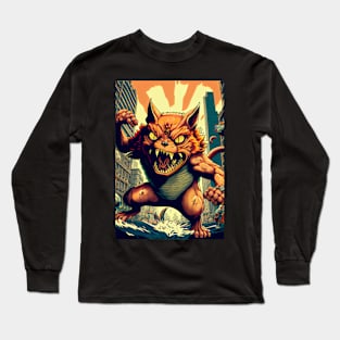 Giant Angry orange Cat attacking a city Long Sleeve T-Shirt